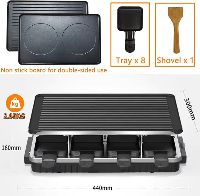 Raclette Table Grill, Electric Korean BBQ Grill, 2-in-1 Nonstick Electric Griddle with 8 Raclette Cheese Pans, Adjustable Temperature Control, 1300W, Ideal for Family and Party Fun
