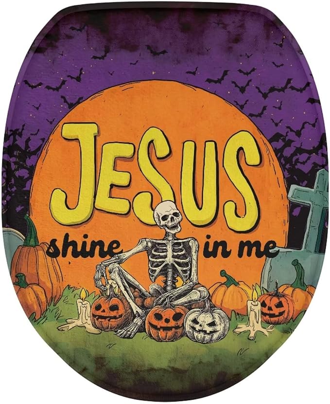 Jesus Pumpkin Skeleton Toilet Lid Cover Elongated for Halloween Decor Bathroom Decoration Accessories Machine Washable Dustproof Toilet Seat Cover for All Saints' Day