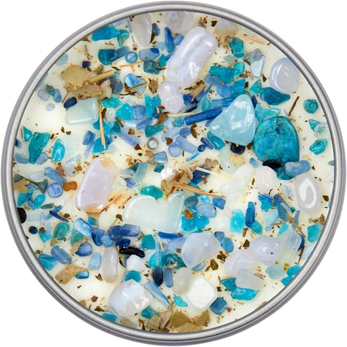 Throat Chakra Candle by New Moon Beginnings - Chakra Candles - Dried Flower, Herb, & Crystal Candles - Aromatherapy Candles - Soy Candle - 8oz Tin