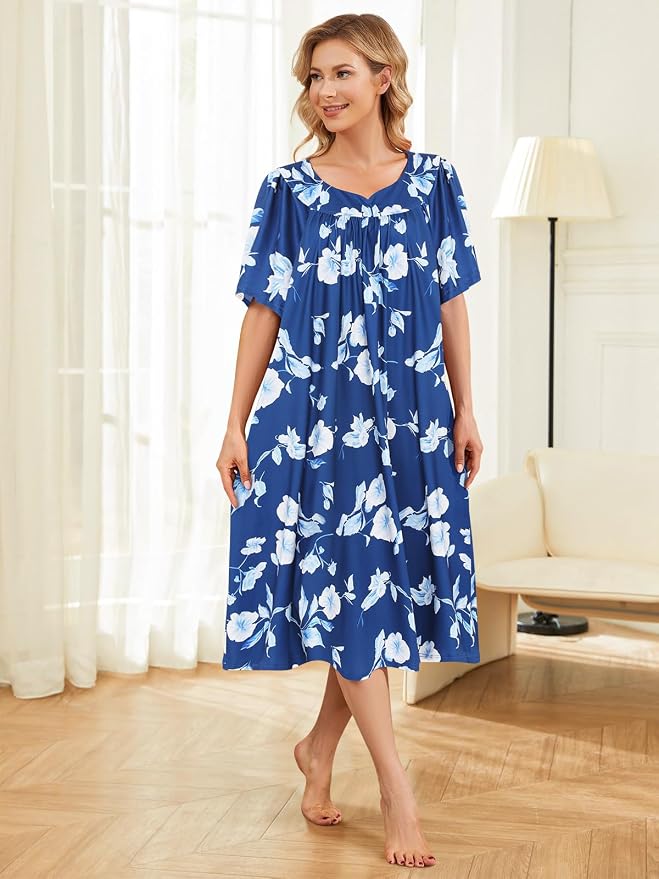 House Dresses for Women with Pockets Moo Moo Nightgown Short Sleeve Mumu Dress Lounge Dress S-3XL