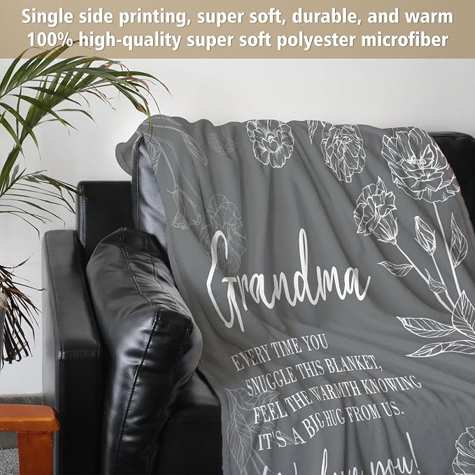 GiltGlimmer Grandma Gifts, Grandma Floral Blanket 80" x 60", Grey | Birthday Gifts for Grandma from Grandkids, to My Grandmother Soft Flannel Throw Blanket for Christmas Mothers Day