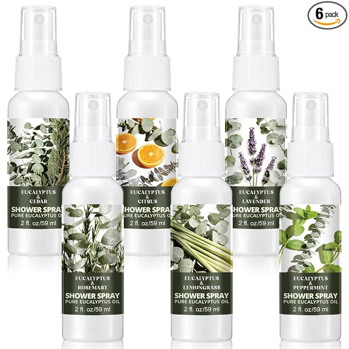 Frienda 6 Pack Eucalyptus Shower Spray with Essential Oils Portable Travel Mist Spray for Spa and Sauna Steam Room Aromatherapy for Women Teacher Staff Employee Thank You Gift 2oz (Eucalyptus Blends)