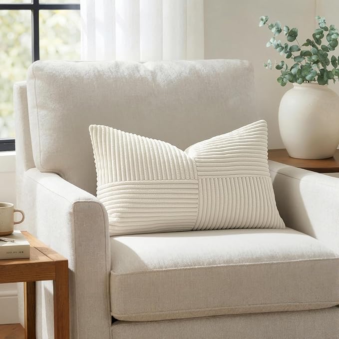 MIULEE Cream White Decorative Lumbar Throw Pillow Covers 12x24 Inch 2 Pack | Beige Neutral Boho Farmhouse Pillow Covers, Soft Cross Corduroy Patchwork Textured Cushion Cases For Couch Sofa Bed
