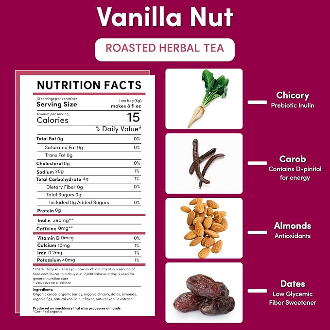 Teeccino Vanilla Nut Herbal Tea - Rich & Roasted Herbal Tea That’s Caffeine Free & Prebiotic for Natural Energy, 10 Tea Bags