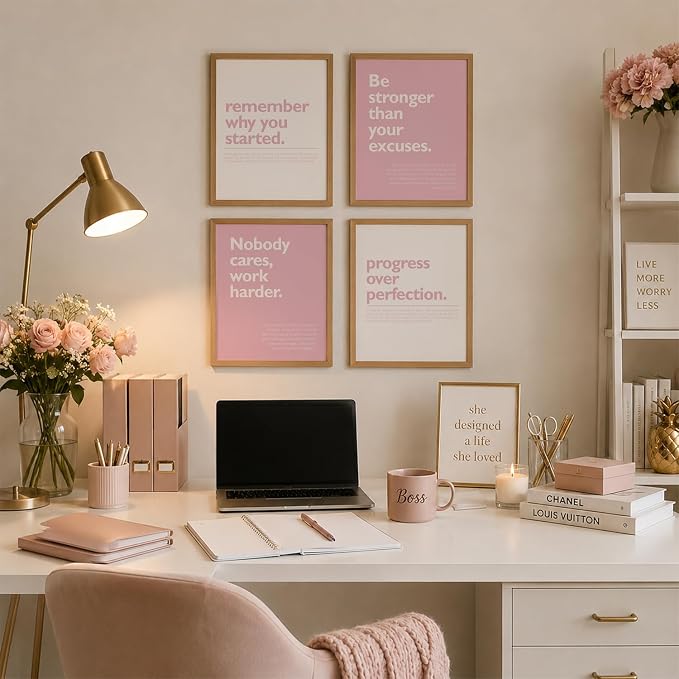 DSHFG Pink Motivational Inspirational Office Wall Art Decor Prints Set of 4 | Pink Motivational Wall Decor Trendy Retro Posters for Office Home Decor, Inspirational Posters Prints 8x10 Unframed