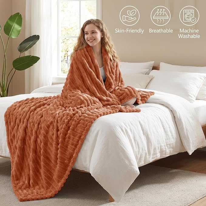 Burnt Orange Twin Blanket for Bed & Couch, 60 x 80 Inch | 300GSM Ribbed Fleece Blanket, Soft, Cozy & Lightweight, OEKO-TEX Certified, All-Season Use for Travel, Dorm & Home Decor
