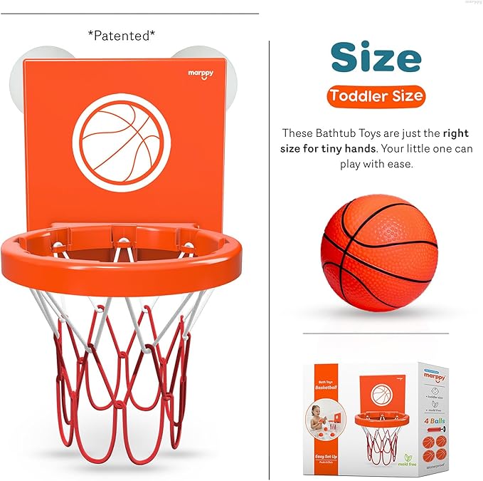 MARPPY Bath Toys - Bathtub Basketball Hoop for Kids, Toddlers - Suction Cup Basketball Hoop and 4 Soft and No Hole Balls - Baby & Toddler Mini Basketball Hoop - Boys & Girls