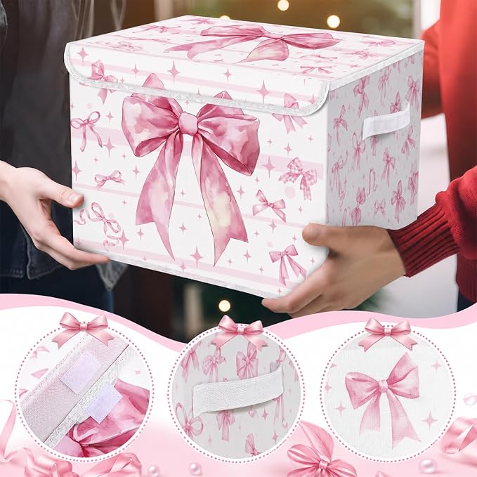 Briwooody Pink Bow Storage Bin with Lid and Carrying Handle Cute Coquette Foldable Storage Box Large Bow Knot Girly Decorative Collapsible Container Basket for Organizing Closet Home Bedroom Gift
