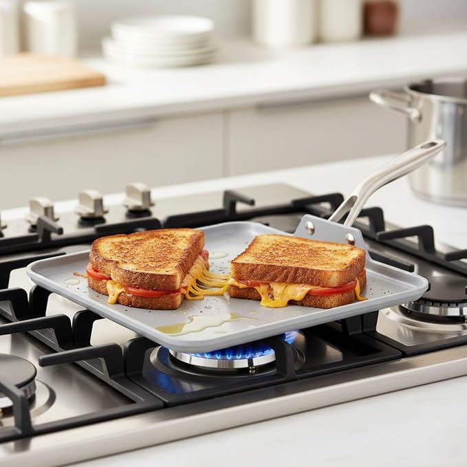 TECHEF - CeraTerra Ceramic Nonstick Square Griddle Pan (PTFE and PFOA Free Ceramic Exterior & Interior), Oven & Dishwasher Safe, Made in Korea, Grey/Silver (Griddle Pan)