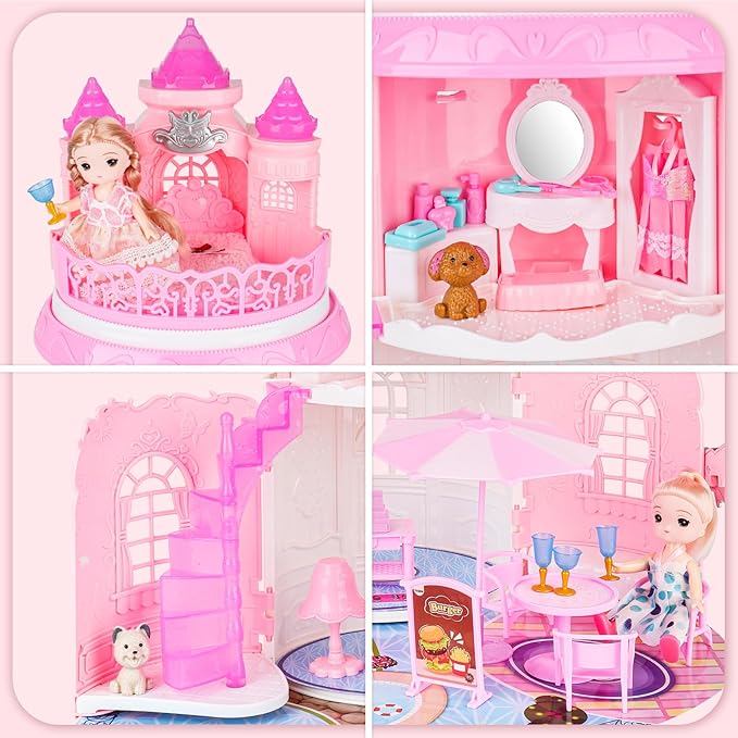 deAO Doll House for Girls Portable Playset Dollhouse Castle Kids Pretend Play with 2 Doll Toy Figures,Living Room,Bedroom,Balcony & Accessories for 3 to 7 Year Olds Kids (Pink)