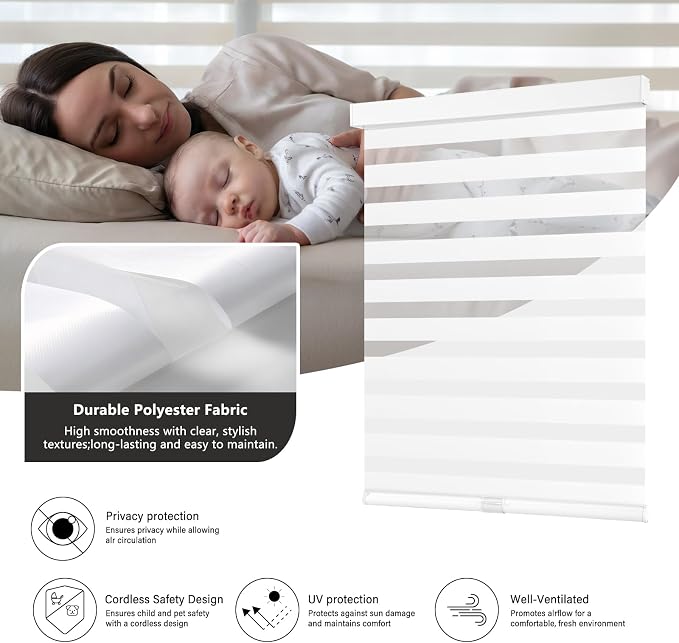 AOSKY Cordless Zebra Blinds for Windows Pull Down Roller Window Shades Dual Layer Light Filtering Privacy for Day and Night, Free-Stop Door Shades for Home Easy to Install (36" W X 48" H，White)