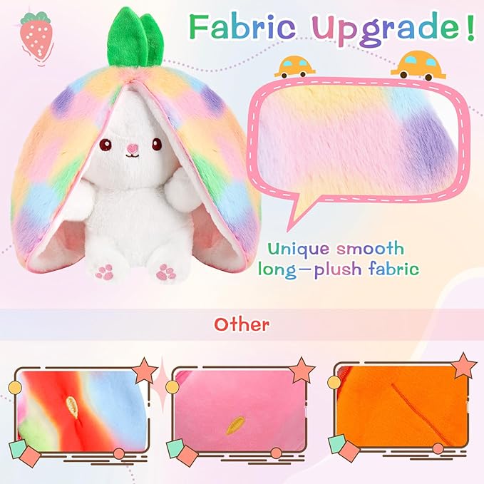 MIAODAM Strawberry Bunny Stuffed Animal, Iridescent & Strawberry Bunny Plush Turn Into Rabbit Fruit Doll, Plushies Funny Bunny Toy for Babies and Kids(10 inch)