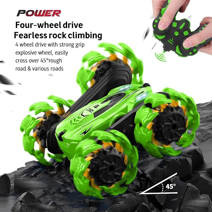 Remote Control Car, New Upgraded Double-Sided 360° Rotating RC Toy Cars with LED Headlights, 2.4GHz Rechargeable Electric Race Stunt Car with 4WD, Best Gift for 6-12 Year Old Boys and Girls (Green)