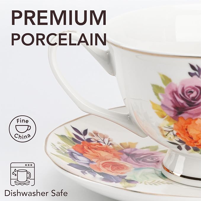 BTaT- Floral Tea Cups and Saucers, 8 oz, Fine Porcelain Teacup Set with Gold Trim for Afternoon Tea, Weddings, Parties & Gifting, Dishwasher Safe, Lightweight, Non-Toxic, Set of 6