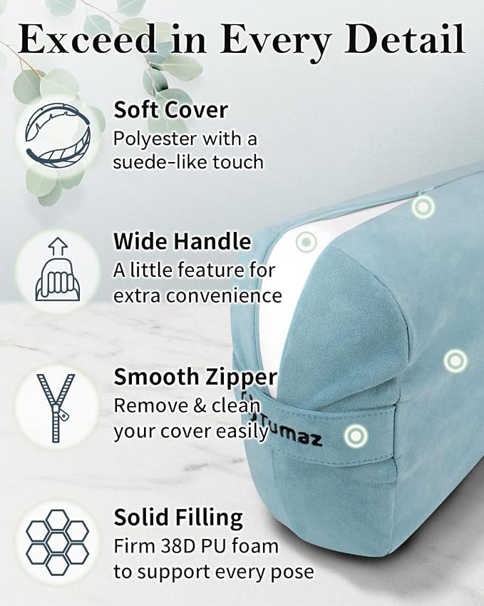 Tumaz Yoga Bolster Set - Rectangular Bolster Pillow for Restorative Yoga, Soft Meditation Pillow with Carry Handle and 8-Feet Strap, Machine Washable Cover
