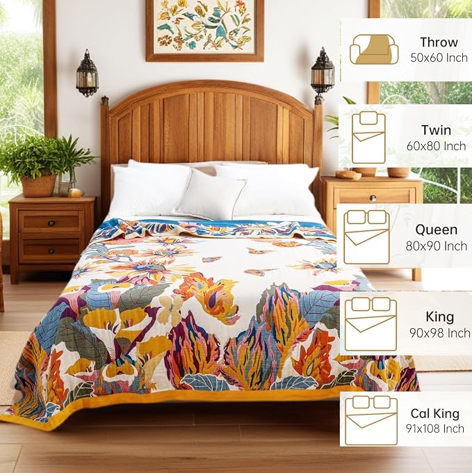 VANJOROY Boho Throw Blanket, 100% Organic Cotton 50x60 for Couch Bed, Beige | Cozy Ultra soft, Breathable, Skin-friendly Lightweight, Rustic Boho Decor,Embroidery Design,All Season Beige Quilt Throw
