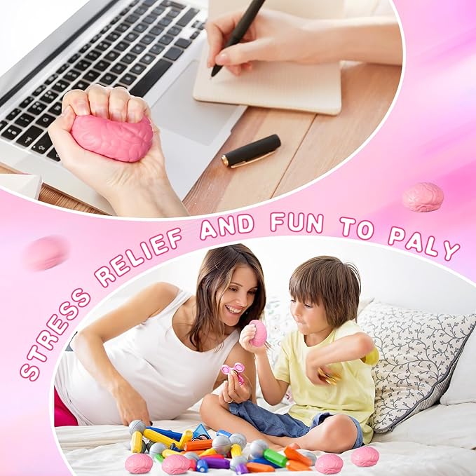 Jenaai Brain Stress Ball Halloween Squeeze Toy 2.76 Inch PU Hand Muscle Exercise Pressure Ball Funny Stress Relief Toy for Adults Improving Grip Strength Release Pressure(Pink)