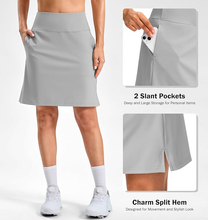 20" Skorts with 3 Pockets | Knee Length, High waisted, Slit Side, Casual, Summer, Travel, Athletic, Tennis, Golf, Skirts for Women