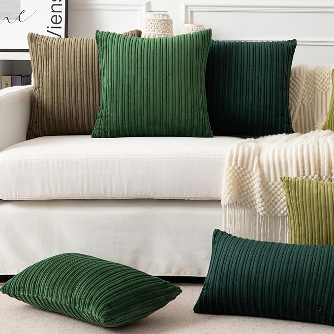 UGASA 12x20 Inch Lumbar Soft Throw Pillow Cover Boho Farmhouse Striped Corduroy Decorative Both Sides Solid Rectangular Cushion Case for Couch Bedroom Sofa Home, 1 Piece, Christmas Green