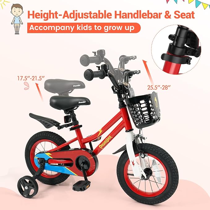 COSTWAY Kids Bike, 12 14 16 18 Inch Toddler Bike for Boys & Girls Aged 3-8 Years Old, Kids Bicycle w/Removable Training Wheels, Handbrake & Coaster Brake, Basket, Bell