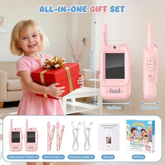Video Walkie Talkie for Kids - 2 Pack Rechargeable Kids Walkie Talkies Long Range Radios, Camera Facetime Walkie Talkie, Easter Birthday Gifts for Girls, Toys for Age 3-12, Indoor Outdoor Travel