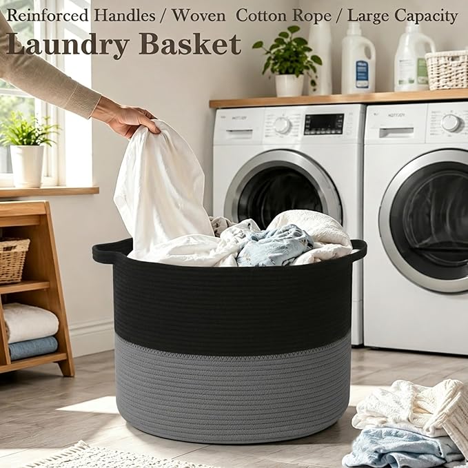 65L Large Blanket Basket,Woven Rope Laundry Basket-Black&Dark Grey | Collapsible, reinforced handles, nursery storage bin organizes clothes, toys and pillows for living room, bedroom bathroom