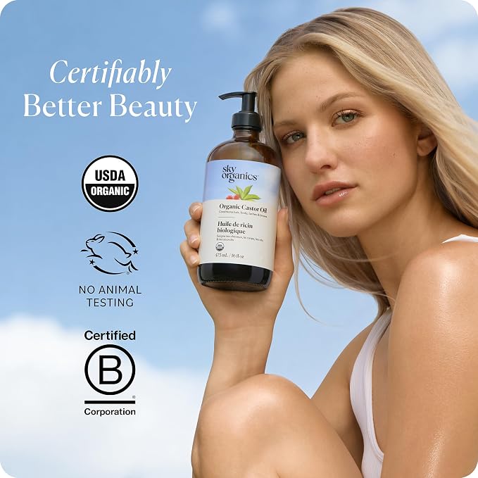 Sky Organics Organic Castor Oil glass bottle for Hair, Lashes & Brows 100% Pure & Cold-Pressed USDA Certified Organic to Strengthen, Moisturize & Condition, 16 fl. Oz