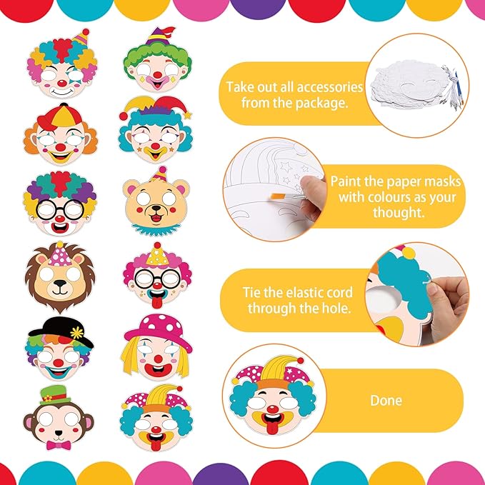 24 Pcs Circus Crafts for Kids Color Your Own Clown Masks DIY Coloring Circus Arts and Crafts for Circus Party Supplies Birthday Carnival Halloween Thanksgiving Cosplay Dress Up World Book Day