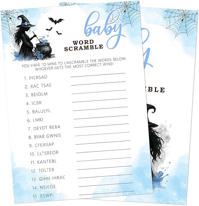 Hilarious Baby Shower Games, 25 Sets Halloween Baby Word Scramble + Answer Card, Blue Witch Gender Reveal Game Cards for Party Announcement Supplies - B09