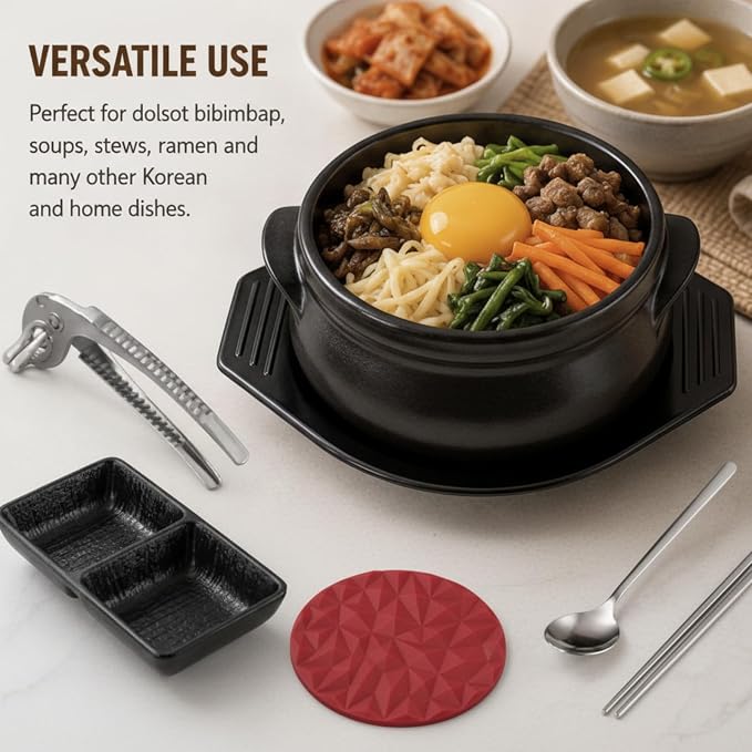 7 Pcs Korean Stone Pot Set with Lid & Tray, Black Ceramic Dolsot for Bibimbap Ramen Soup, Includes 304 Stainless Steel Spoon, Chopsticks, Heat Resistant Tongs, Silicone Trivet & Condiment Dish
