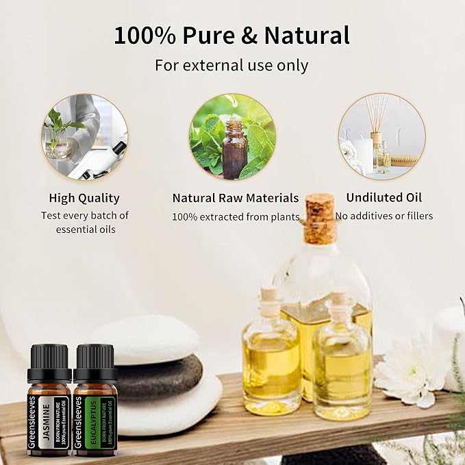 GREENSLEEVES Jasmine Eucalyptus Essential Oil Set, 2 x 10ml Pure Plant-Based Fragrance Oil for Aromatherapy, Essential Oils for Diffuser, Massage, Bath Bomb, Scented Candle Soap Making