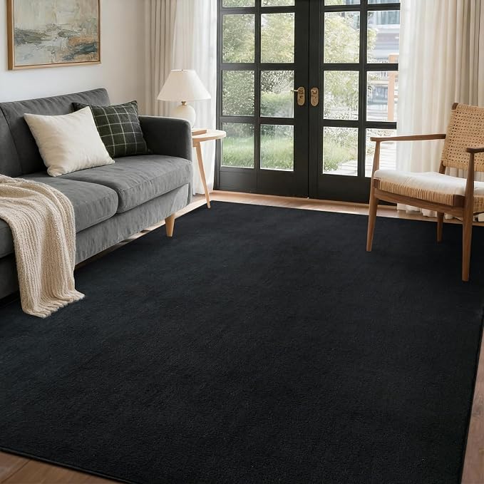 FinRèc 4x6 Washable Area Rugs for Bedroom Living Room, Low Pile Thin Rug Solid Color, Non-Slip Carpet Indoor for Home Decor (Pure Black)