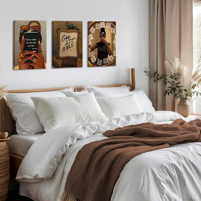 Framed Black Girl Wall Art Set of 3, Fashion Inspirational Black Woman Wall Decor Paintings, African American Positive Affirmations Pictures Canvas Prints for Living Room Bedroom Office 12x16 inch