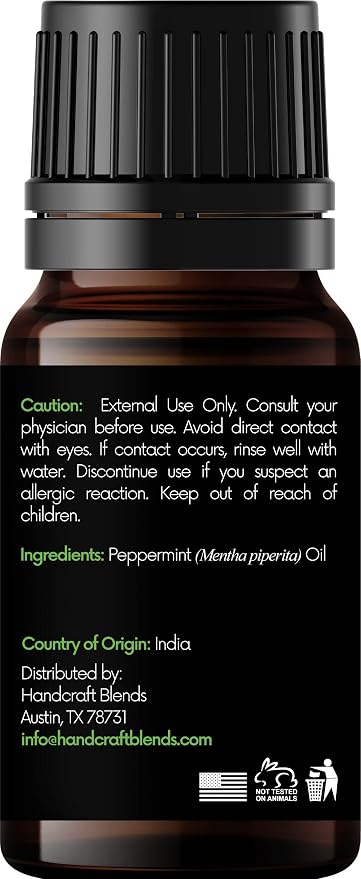 Handcraft Blends Peppermint Essential Oil – 0.33 Fl Oz – 100% Pure and Natural – Premium Grade Essential Oil for Diffuser and Aromatherapy, Skin, Massage, Candle and Soap Making Fragrance