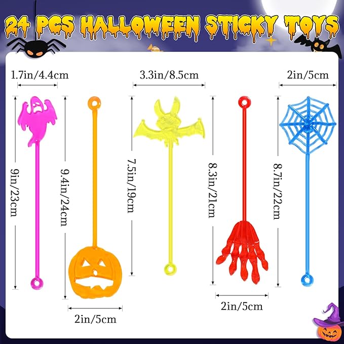 24 PCS Halloween Sticky Hands Party Favors for Kids, Stretchy Spider Sticky Web Ghost Pumpkins Bats Toys for Trick or Treat Halloween Party Gifts, Goodie Bag Stuffers Fillers, Classroom Prizes
