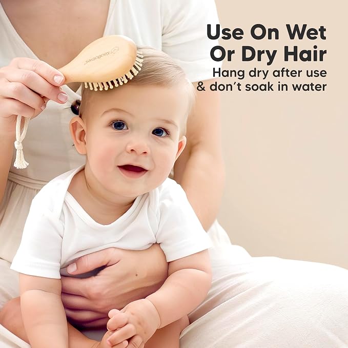 Wooden Baby Hair Brush Set for Newborns, Toddlers - Soft Goat Bristle Baby Brush and Comb Set Newborn Grooming Kit for Cradle Cap Care, Durable & Gentle, Boy, Girl Infant Essentials (Petite, Walnut)