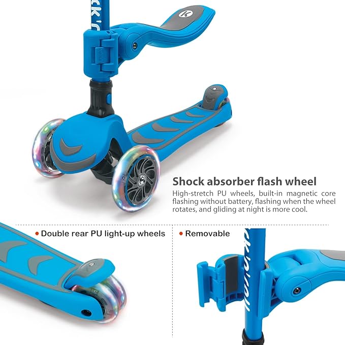 Kicknroll 3-Wheel Scooter for Kids Ages 3-12 with Light-Up Wheels, Folding Design, Adjustable Height, Extra Wide Deck (110 lbs Max)