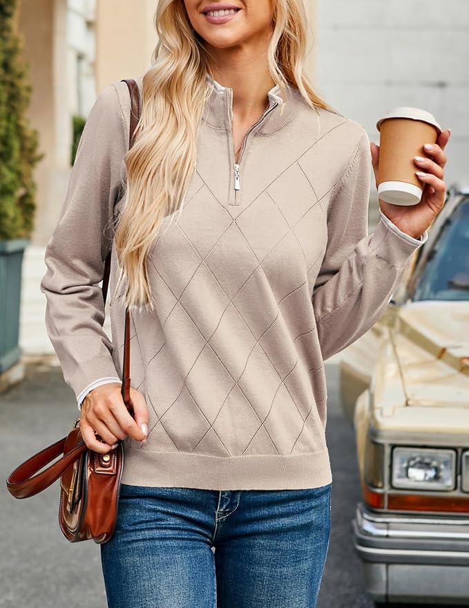 JACK SMITH Quarter Zip Pullover Sweaters for Womens, Rib Polo Sweater Tops | V Neck,Knit,Long Sleeve,Argyle,Open Pattern,Callar,Lightweight,Fashion,Golf Work Business Daily Wear Versatile Pullover Shirt