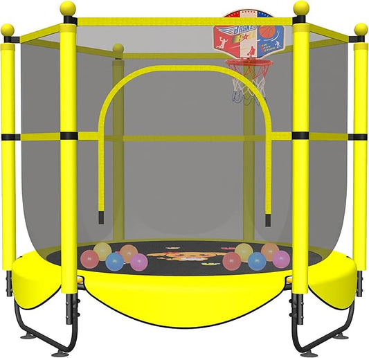 VGMiu 60" Trampoline for Kids, 5 FT Indoor & Outdoor Toddler Baby Trampoline with Basketball Hoop, Safety Enclosure, Birthday Gifts for Kids, Gifts for Boy and Girl, Age 3-8