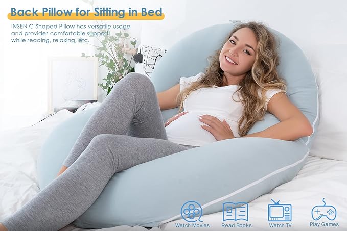INSEN Pregnancy Pillows for Sleeping, Maternity Pillow with Cooling Cotton Cover, C Shaped for Pregnant Side Sleeping,Green