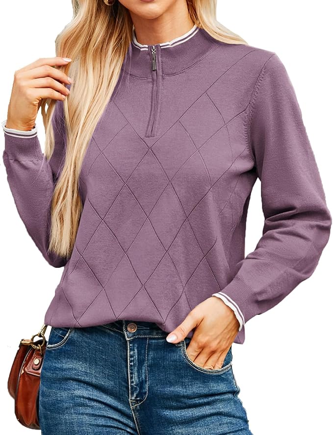 JACK SMITH Quarter Zip Pullover Sweaters for Womens, Rib Polo Sweater Tops | V Neck,Knit,Long Sleeve,Argyle,Open Pattern,Callar,Lightweight,Fashion,Golf Work Business Daily Wear Versatile Pullover Shirt
