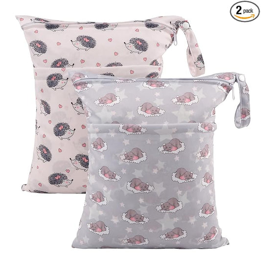 ALVABABY 2pcs Cloth Diaper Wet Dry Bags Waterproof Reusable with Two Zippered Pockets Travel Beach Pool Daycare Soiled Baby Items Yoga Gym Bag for Swimsuits or Wet Clothes LZD2324