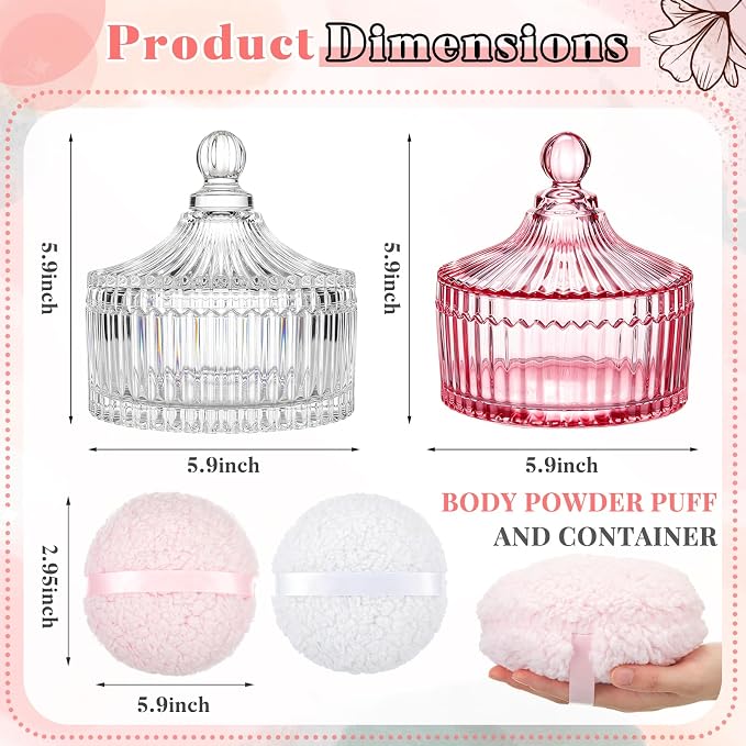 Tioncy 2 Set Extra Large Body Powder Puff and Container, 6'' Washable Vintage Decorative Crystal Powder & Container Gift for Bathroom Counter & Feminine Vanity Decor(Classic,Pink and Clear)