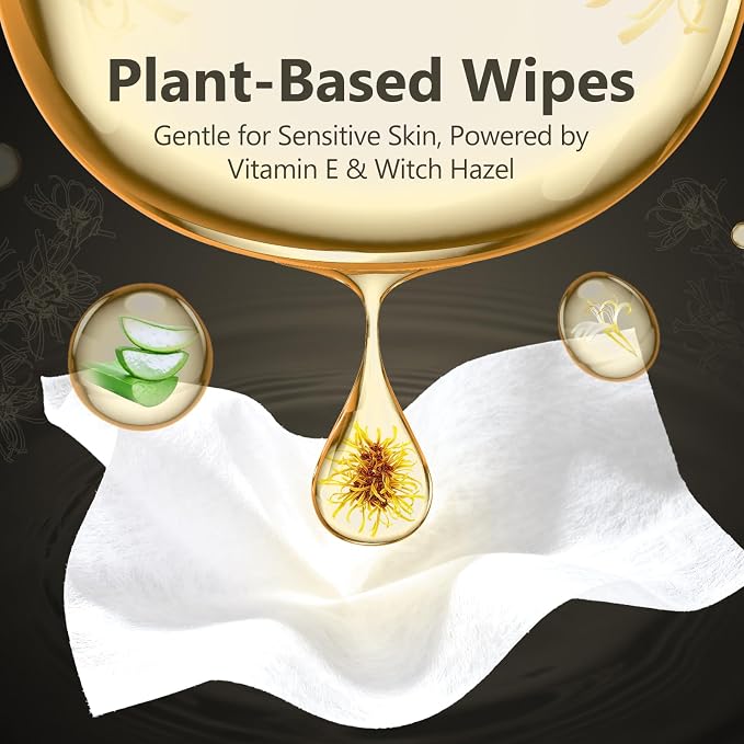 MOLLIS Witch Hazel Flushable Wipes for Adults, Extra Large Unscented Wet Wipes with Vitamin E, Gentle for Sensitive Skin, 100% Plant-Based, Sewer & Septic Safe, 60 Count