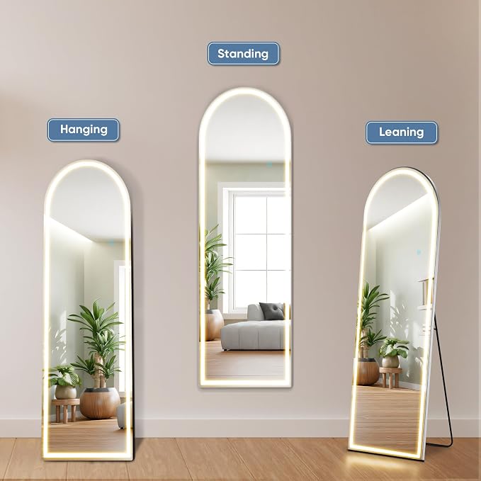 OLIXIS 16"x60" Arched Full Length Mirror with Lights, Body Mirror | Standing Floor, 3 Color Modes, Wall Mounted, Bedroom Bathroom Entryway, Tempered Glass