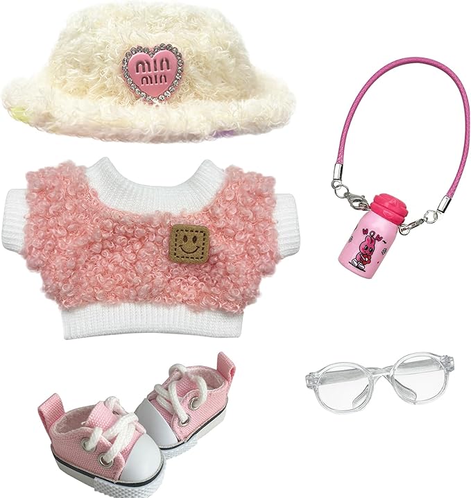 17cm Doll Clothes 5 PCs Accessories Outfits Pink Shoes Sweater Glasses Hat Bottle Clothing Set for Keychain, No Doll(Pink)