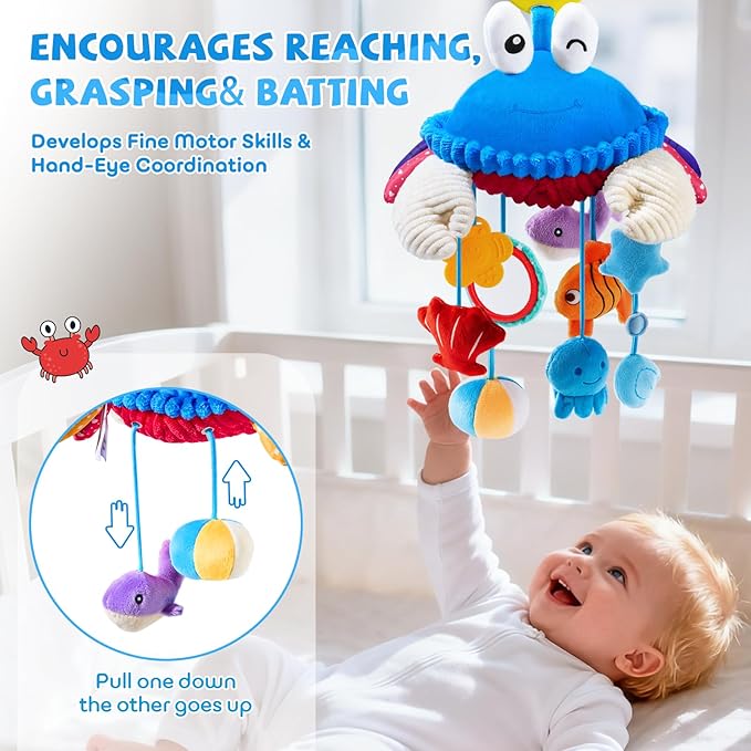 Car Seat Toys for Babies 0-6 Months, Hanging Sensory Crab Plush Toy for Stroller, Crib & Play Gym, Clip-On Montessori Infant Activity Toy with Mirror, Rattle & Teether, Newborn Baby Gifts 0-12 Months