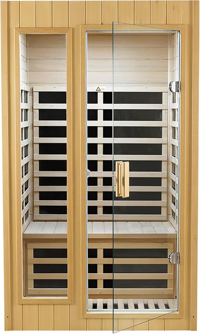 Kanlanth 2 Person Sauna with Side Glass Window, Low EMF Indoor Infrared Saunas for Home, 1500W Hemlock Wood Personal Sauna with 5 Heating Panels, Blue-Tooth, 2 LED Reading Lamps, Control Panel