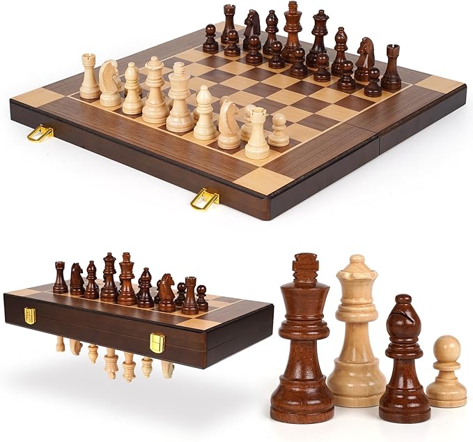 15-Inch Magnetic Wooden Chess Set – Foldable Wooden Chess Board with Magnetic Pieces, Portable Travel Chess Sets for Adults, Classic Board Game with Secure Storage Box