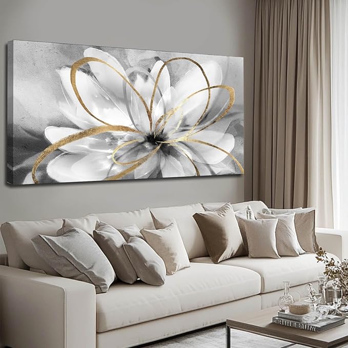 SOUGUAN Flower Wall Room Decor Gold Decoration White Flower Artwork for Living Room Office Dining Room 24x48 Inch